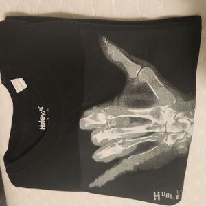 3/$10-Hurley Black Tee with Skeleton Hand Gesture Graphic